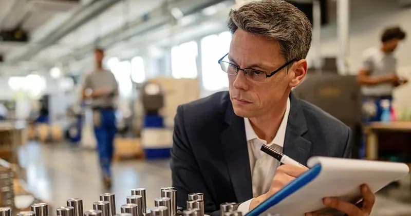 Man in a suit taking notes on a clipboard in a factory