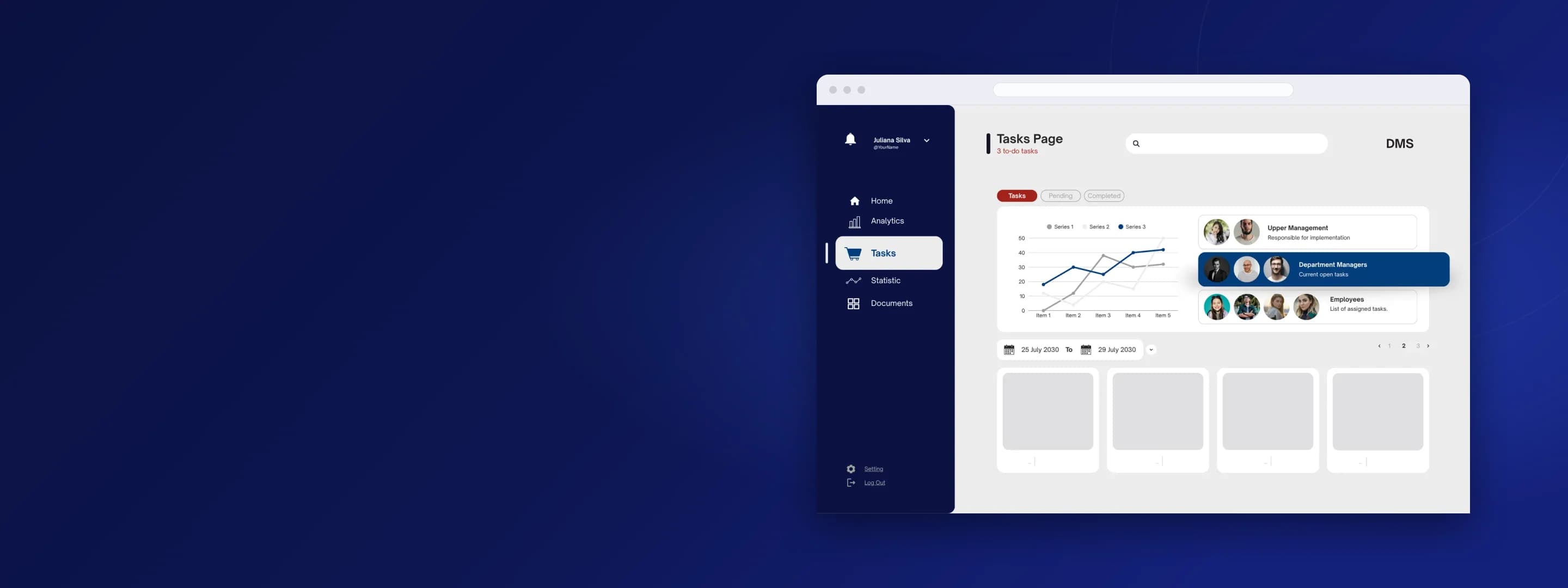 Document management dashboard on a dark blue background