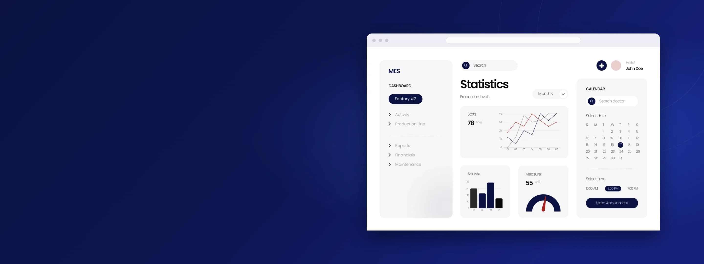 Production statistics dashboard on a dark blue background