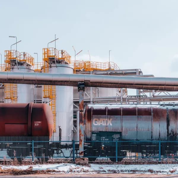 Industrial plant with pipes, tanks and tank wagons