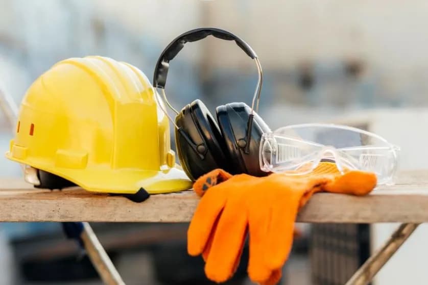 Hard hat, ear defenders, safety glasses and gloves on a table