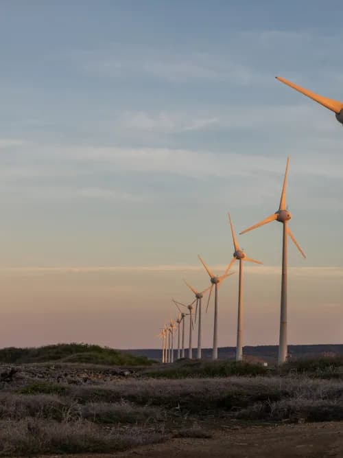 Row of wind turbines on a coastal ridge at dusk